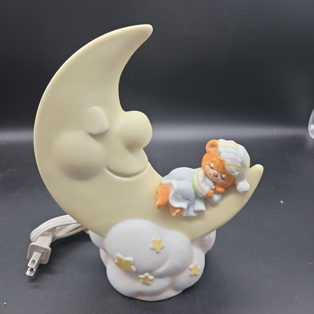 1982 Enesco Teddy Beddy Bear Moon Night Light Porcelain Ceramic Lamp Working